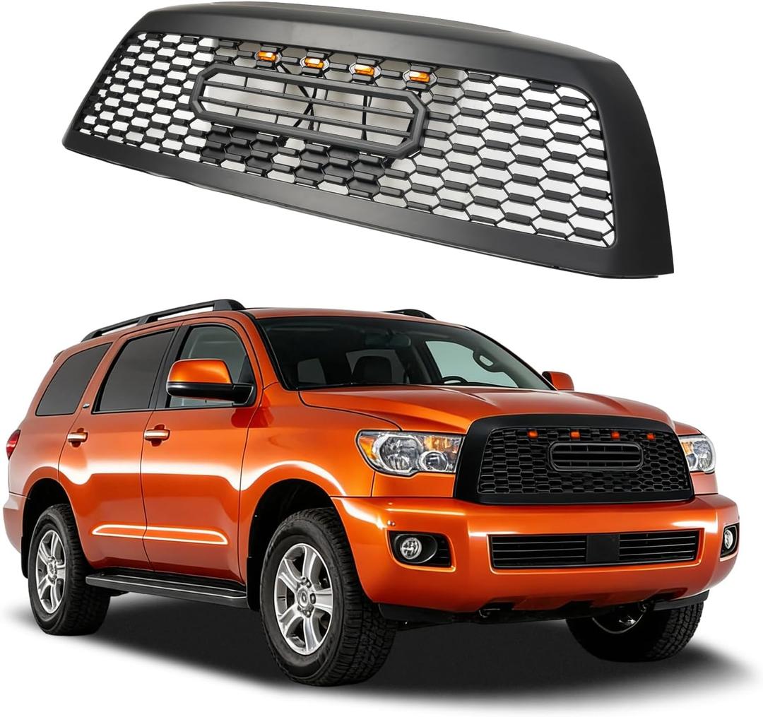 Front Grill Compatible with 2008-2017 Toyota Sequoia Matte Black Replacement Front Bumper Grill ABS Bumper Grille Assembly with Amber LED Lights & Letters