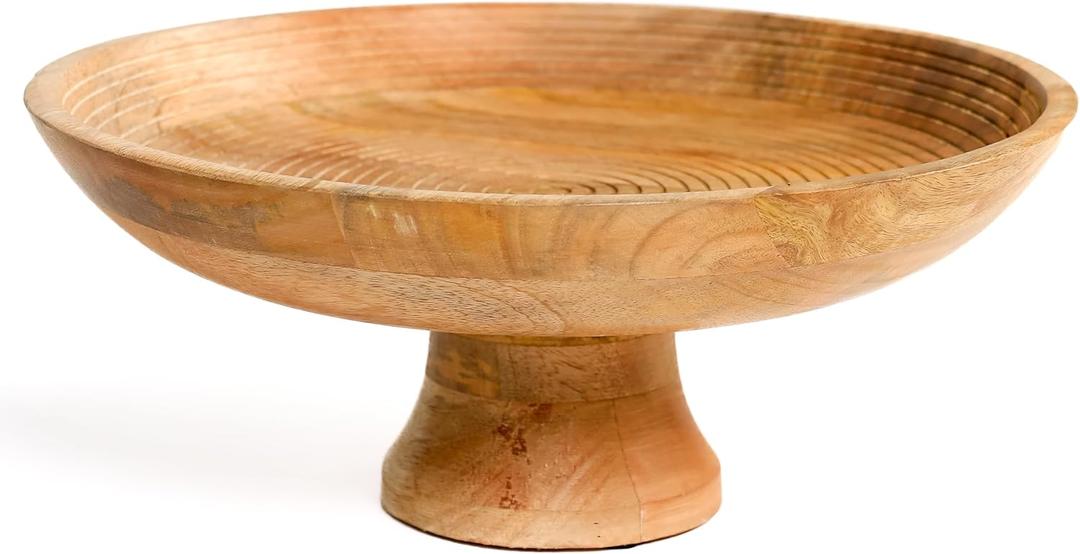 THE ART BOX Wooden Footed Centerpiece Fruit Bowl Ribbed Natural - 12 Inch Kitchen Counter Farmhouse Dish Large Bowls for Christmas Table Decor