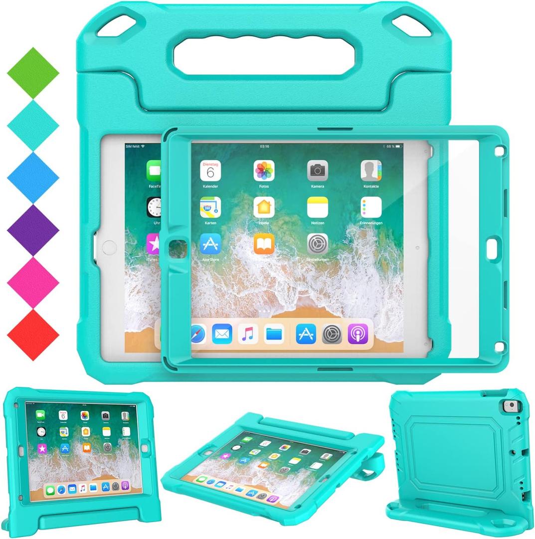 SUPLIK Kids Case for iPad 5th/6th Generation (9.7 inch, 2017/2018), iPad Air 1 & Air 2 & Pro 9.7 Case with Screen Protector, Durable Shockproof Protective Cover with Handle Stand, Cyan
