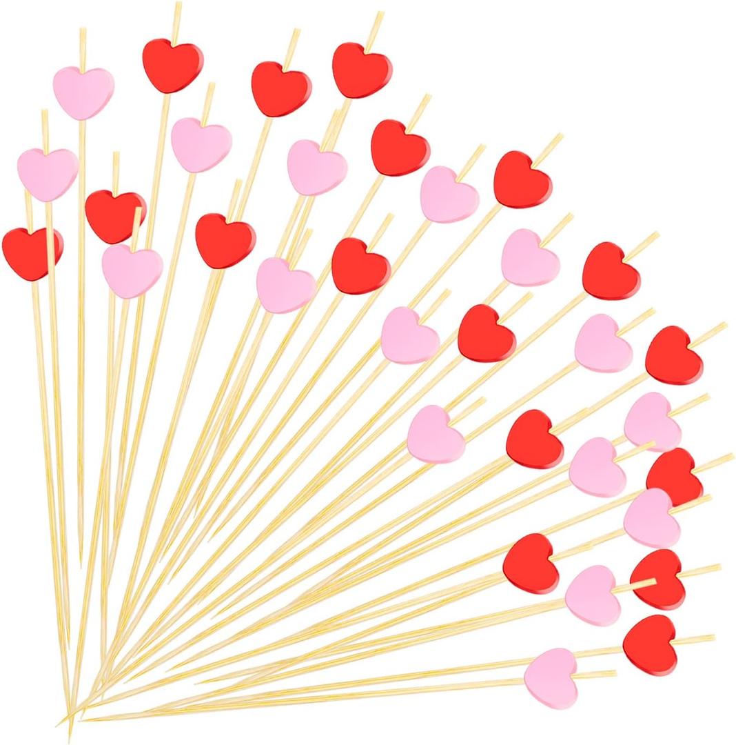 100 Pcs Red Pink Heart Cocktail Picks 4.7 Inch Long Fruit Sticks Food Toothpicks Handmade Bamboo Cocktail Skewers for Birthday Wedding Valentines Day Decoration Party Supplies