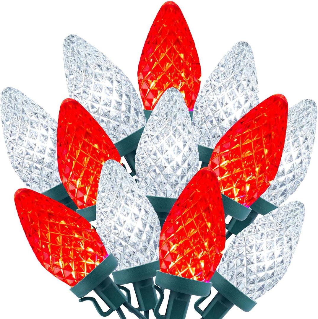 C9 LED Christmas String Lights - 82ft 100 LED Outdoor String Lights with Timer and 8 Lighting Modes, Plug in Extendable Roofline Lights String for Outside Yard Porch Christmas Holiday Decoration (Red and White)