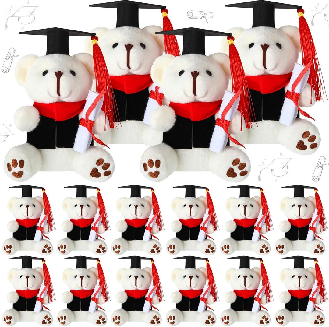 Jexine 12 Pieces Graduation Bear Class of 2025 Plush Mini Bears Bulk Grad Small Bear Stuffed Animal with Graduation Gift Gown Hat for Kindergarten School College Preschool, 4.7 Inch(White)