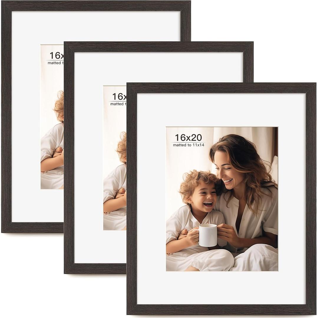 16x20 Picture Frame with Mat for 11x14 Set of 3, Black Wood Grain 16x20 Frames for Horizontal & Vertical Wall Mounting (3 Pack,Black)