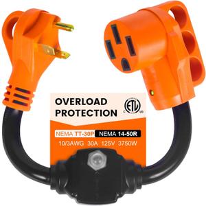 Overload Protector 30 Amp to 50 Amp RV Adapter with Circuit Breaker, NEMA TT-30P to NEMA 14-50R Electrical Power Adapter with LED Power Indicator, RV Dogbone Adapter Cord, 18 Inch, ETL Listed