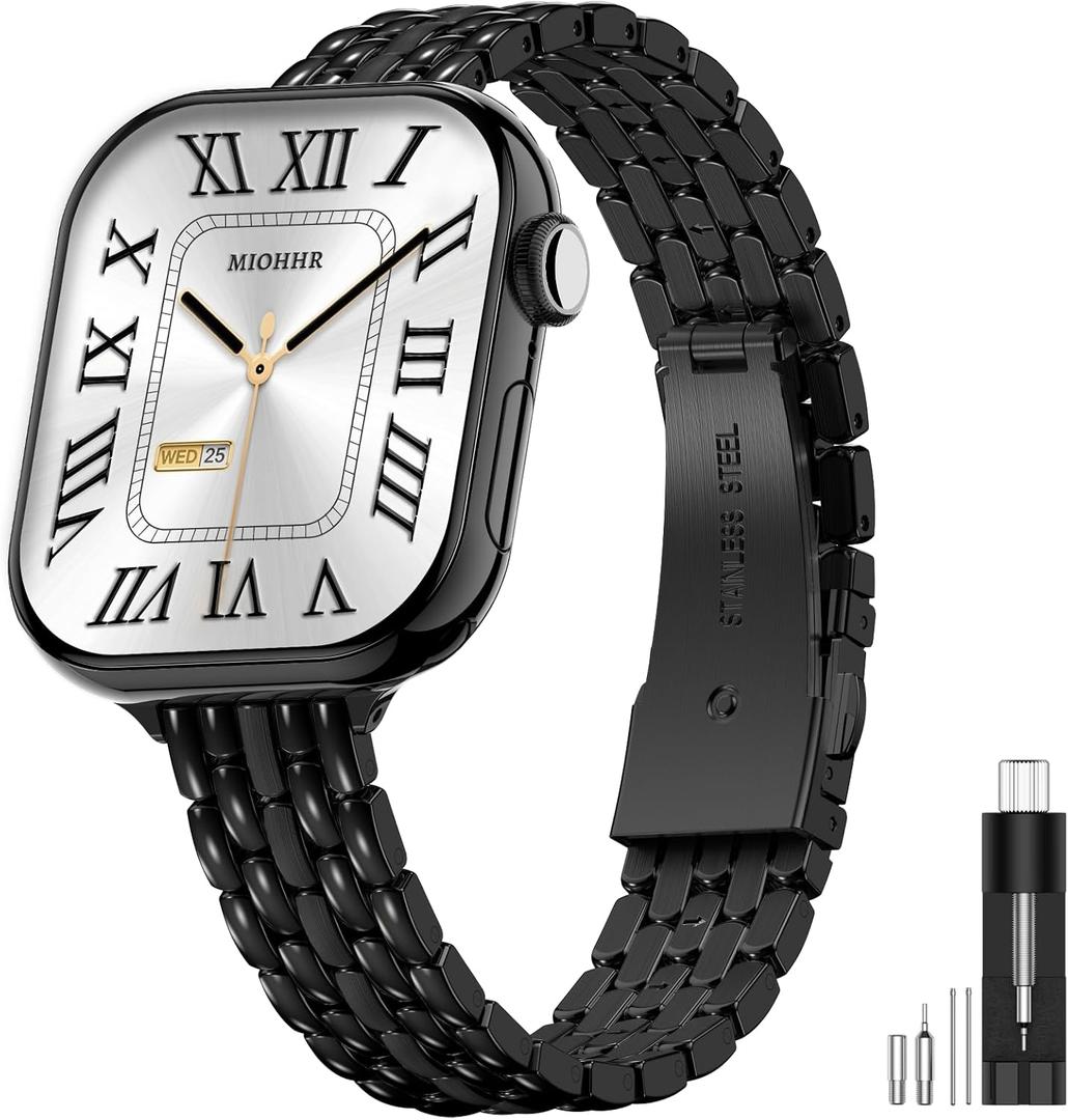 MioHHR Slim Metal Bands Compatible with Apple Watch Band 38mm 40mm 41mm 42mm (Series 11 10), Thin Stainless Steel Strap Bands for Women iWatch Series 11 10 9 8 7 6 5 4 3 2 1 SE3/2/1, Black