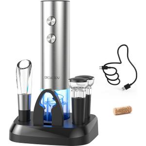 CIRCLE JOY Electric Wine Opener Stainless Steel Rechargeable Automatic Wine Bottle Opener Set 7-in-1 Wine Gifts for Wine Lovers with Charging Base, Foil Cutter, Wine Aerator Pourer & 2 Vacuum Stoppers