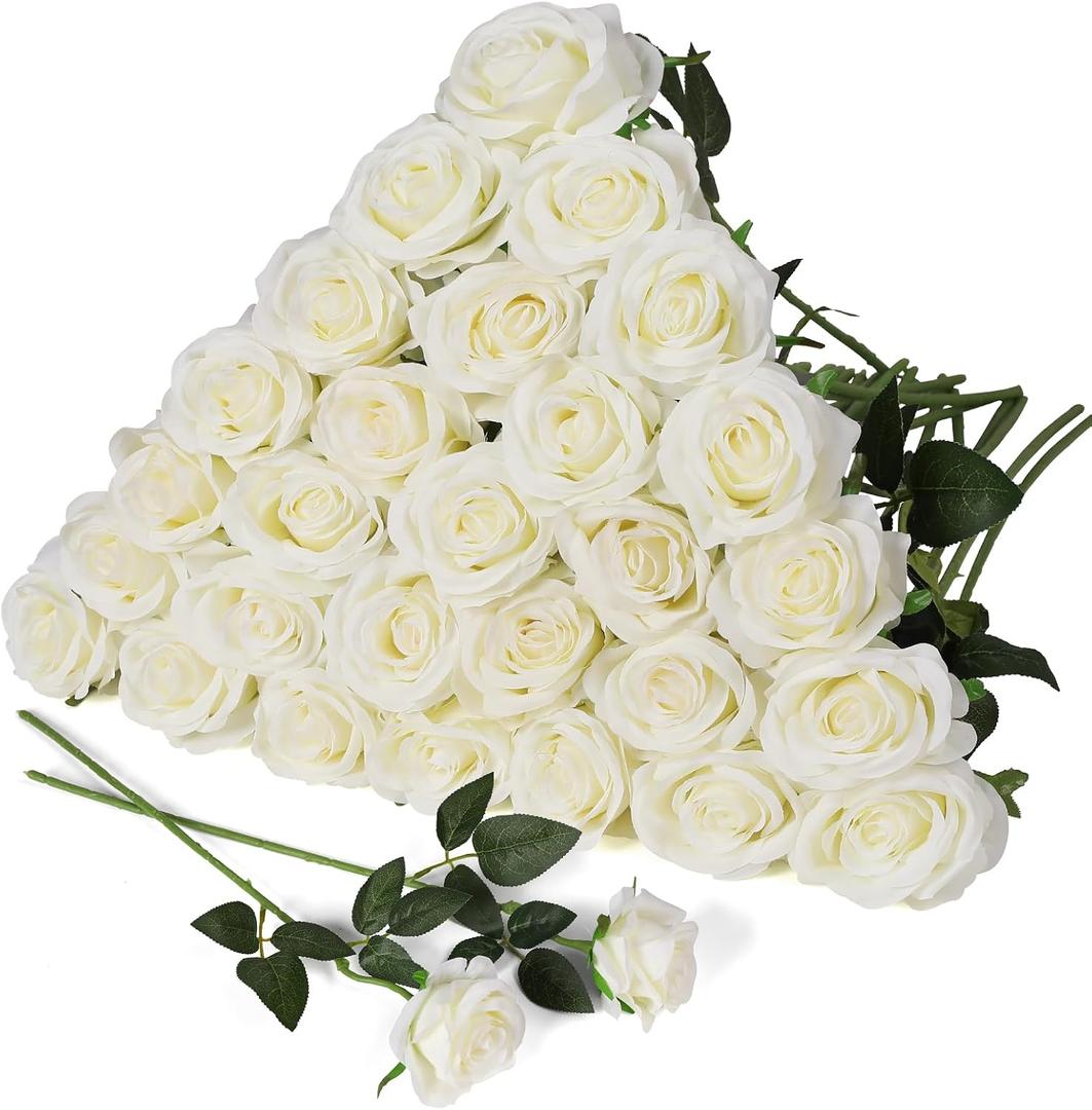 JUSTOYOU 30PCS Artificial Roses Silk Flowers in Bulk, Realistic White Fake Roses for Wedding Decorations, Home Decor, Centerpieces, Indoor Floral Arrangements