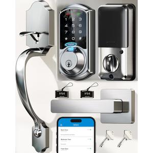 Veise VE07-H Fingerprint Smart Locks for Front Door with Handle Set, App Control, Keyless Entry Keypad Deadbolt, Digital Electronic Touchscreen, Easy Install, Auto Lock, Satin Nickel