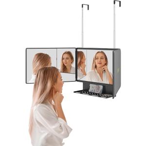Dripex 3 Way Mirror with Storage Shelf, Trifold Self Haircut 360 Barber Mirror with Height Adjustable Hooks for Makeup, Styling, Shaving, Braiding, Dye Hair