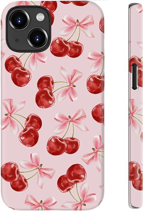 for iPhone 14 Case, Wireless Charging Compatible,Dual-Layer Protection with Cute Wildflower, Soft Silicone + Hard Shell, Chic Phone Cover for Women - Sweet Cherry Bows