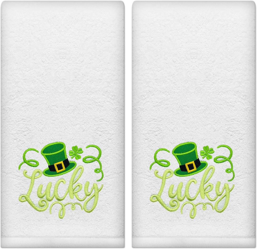 Hexagram St Patricks Day Hand Towels for Bathroom Set of 2, St Patricks Day Bathroom Decor Embroidered Lucky Green Hat Shamrock Pattern, Soft Luxury Hand Towels 14x30 Inches