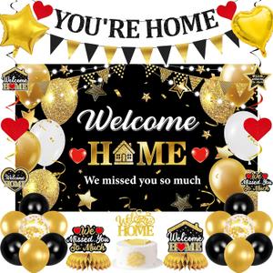 Holkcog Welcome Home Decoration, Black Gold Welcome Back Party Decorations, We Missed You So Much Banner Party, Glitter Home Party Sign Banner Ballons, Family Reunion Party Decora Supplies