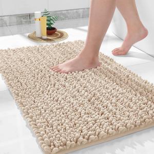 Yimobra Bathroom Rug Mat, 24'' x 17'', Luxury Chenille Shaggy Bath Rugs, Extra Soft & Thick, Absorbent Water, Non-Slip, Machine Washable, Bath Mats for Bath Floor,Tub and Shower, Beige