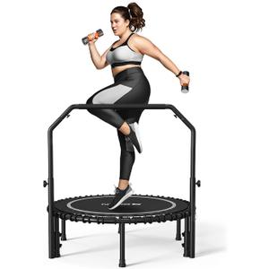 BCAN Adult Mini Trampoline, 40" Fitness Trampoline with Bungees, U Shape Adjustable Foam Handle, Stable & Quiet, Indoor Outdoor Workout-Silver