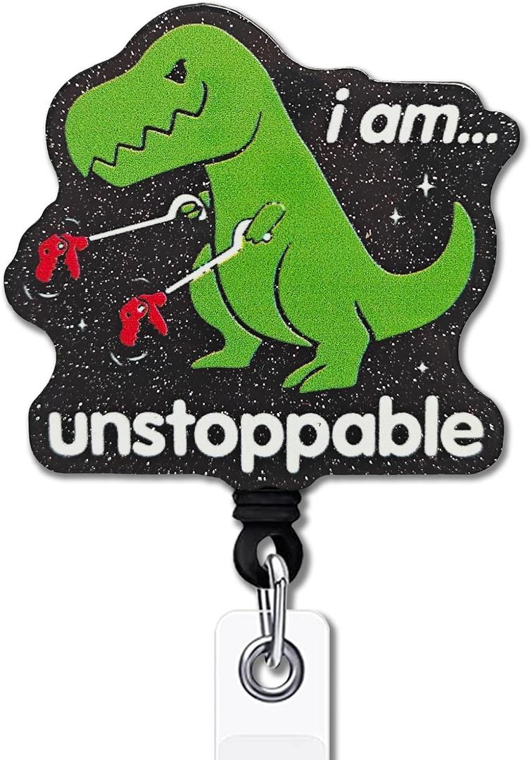 YAZMEEN Inspirational Retractable Badge Reel with Alligator Clip I'm Unstoppable ID Card Badge Holder T-Rex Dinosaur Badge Funny Black Glitter Badge Reel Gift for Office Worker Nurse Doctor Teacher