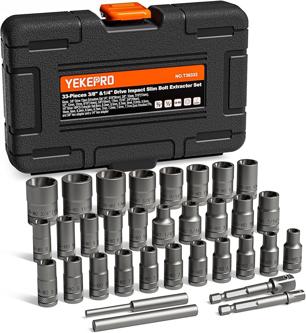 33pcs Deep Well Bolt extractor set, 3/8" & 1/4'' Drive slim type for Removing Damaged, Frozen, Rusted, Rounded-Off Bolts, Nuts & Screws, Cr-Mo Steel, T38333