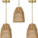 3 Pack 1 Light Industrial Vintage Nature Rattan Lantern Cage Hanging Pendant Ceiling Light,Brushed Bronze Finish for Kitchen Island,Living Room,Dining Room,Over Sink