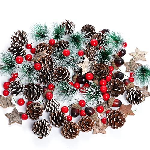 Cnomg 108pcs Artificial Pine Cones Pine Branch Set, Fake Natural Pinecones Acorns Red Berries Christmas Decor Ornaments for Home Winter Decorations (108, Multicolor)