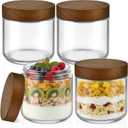 Bumobum 12 oz Glass Mason Jars with Lids, Glass Container with Acacia Wood Airtight Lid, Wide Mouth Canisters for Chia Pudding Loose Tea Coffee Meal Prep Parfait Salad Snacks Yogurt Spice, 4-Pack