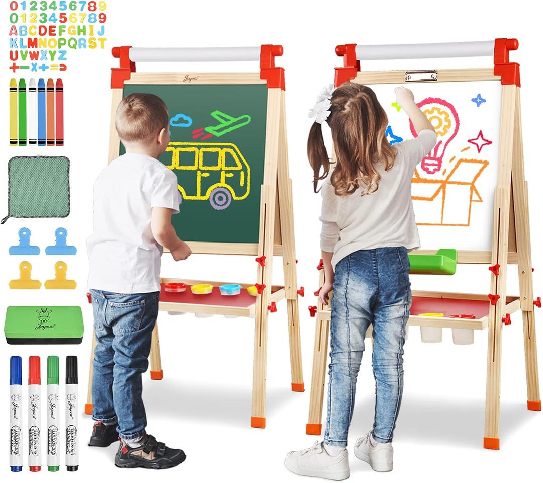 JOYOOSS Kids Wooden Easel with Paper Roll - Adjustable Magnetic Double Sided Drawing Board Whiteboard & Chalkboard Dry Easel Board,Children Art Easel for 3~12 Years Kids Boys Girls Painting Drawing