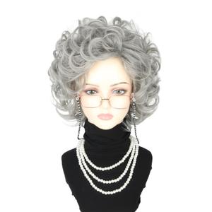 Old Lady Wig Costume Set for Women Short Curly Silver Grey Granny Wigs for Cosplay Old Woman Wig Halloween Party Wigs