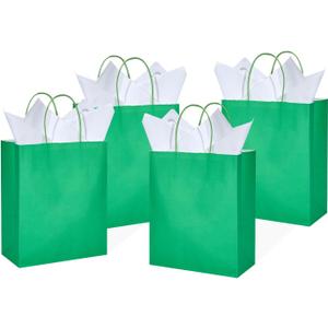 DjinnGlory 24 Pack Medium Green Paper Gift Bags with Handles and White Tissue (10''x8''x4'') for Party Favors Goodies, Small Business, Care Packages (Solid Green)