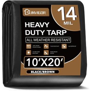 Sunvigor Tarp Waterproof 10x20Ft, Extra Thick 14 Mil Heavy Duty Tarp Cover, Tear & Fade Resistant, Outdoor Tarps with Brass Grommets and Reinforced Edges for Roof, Camping, Patio, Boat (Black/Brown)
