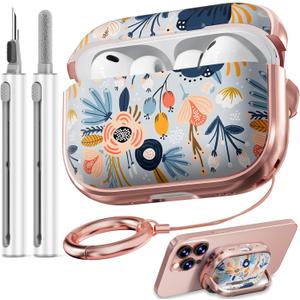 Inesore for AirPods Pro 3 Case 2025 with Lock, for Women Girly Floral Cute Case Compatible with Apple Airpods Pro 3rd Generation Cover, with Phone Stand, Keychain & Cleaner Kit-Blue Flower