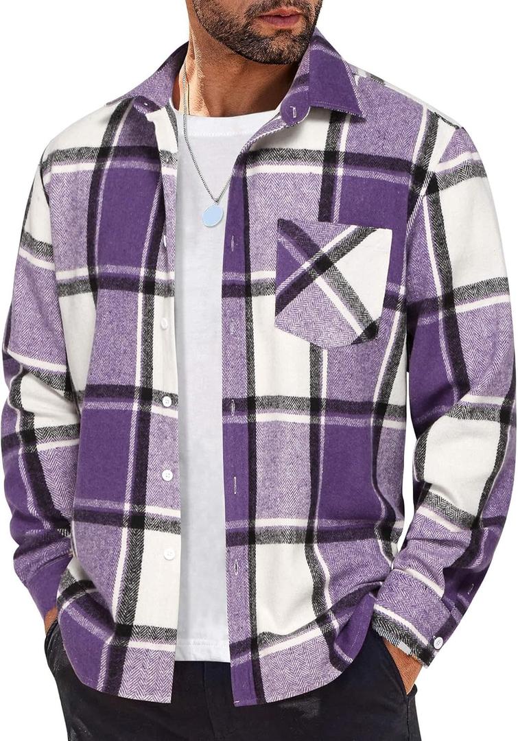COOFANDY Mens Flannel Shirt Long Sleeve Lightweight Plaid Shirt Casual Button Down Shirts Jacket (X-Large, Purple)