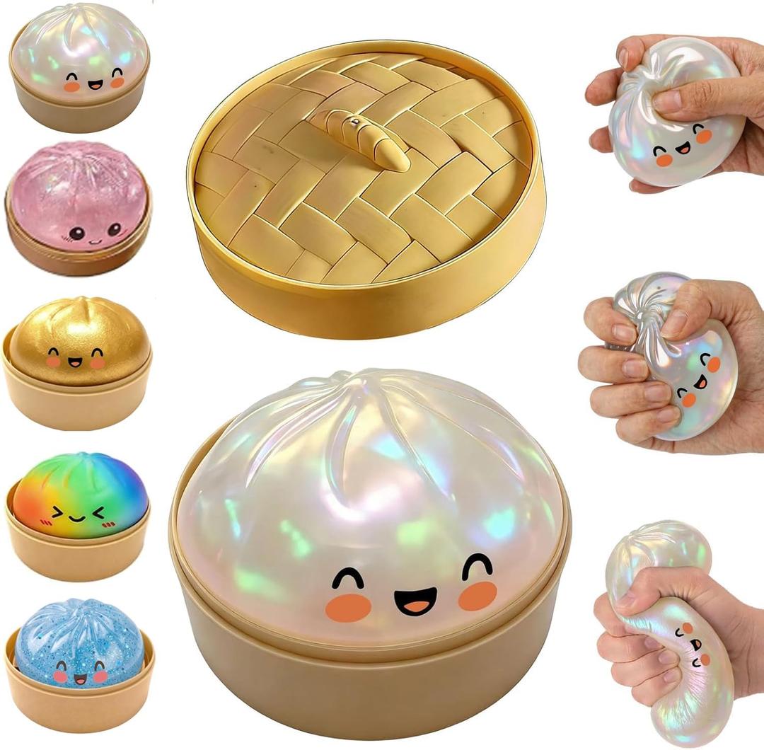 Glitter Dumpling Squishy, Dumpling Squishies, Mystery Box Squeeze Toy, Colorful Stress Balls Fidget Sensory Toy with Steamer,Suitable for Adult use in Offices and Homes (Glitter White)