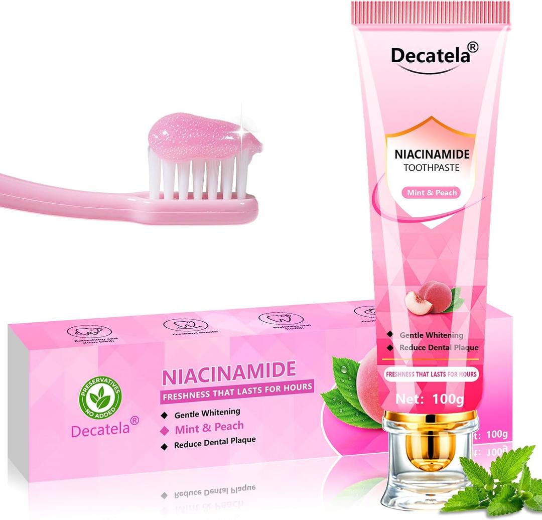 4 x Niacinamide Whitening Toothpaste, Effectively Whitens Teeth, with Peach & Mint Flavor - Stain Removal, Gum Care, Fresh Breath 24HR, Fluoride-Free Gentle Formula for Sensitive Teeth