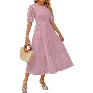 ZESICA Women's 2025 Summer Short Puff Sleeve Crewneck Smocked Floral Lace Flowy A Line Tiered Maxi Dresses, Large 