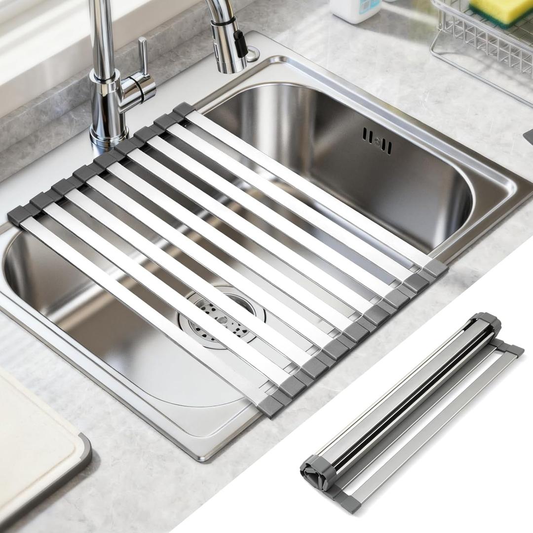 19" X 13" Roll Up Dish Drying RackOver The Sink Drying Rack 304 Stainless Steel Foldable Heat-Resistant Dishes Drainer for Kitchen and RV Sink Counter