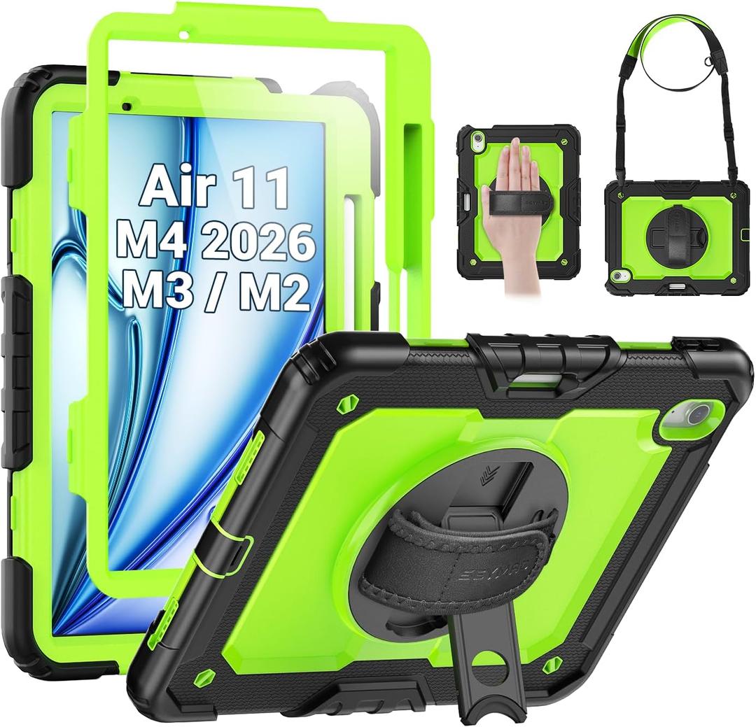 SEYMAC Case for iPad Air 11 Inch M4 / M3 / M2 (2026/2025 / 2024), Heavy Duty Shockproof Protective Case with Screen Protector, 360 Rotating Stand and Hand/Shoulder Strap, Green