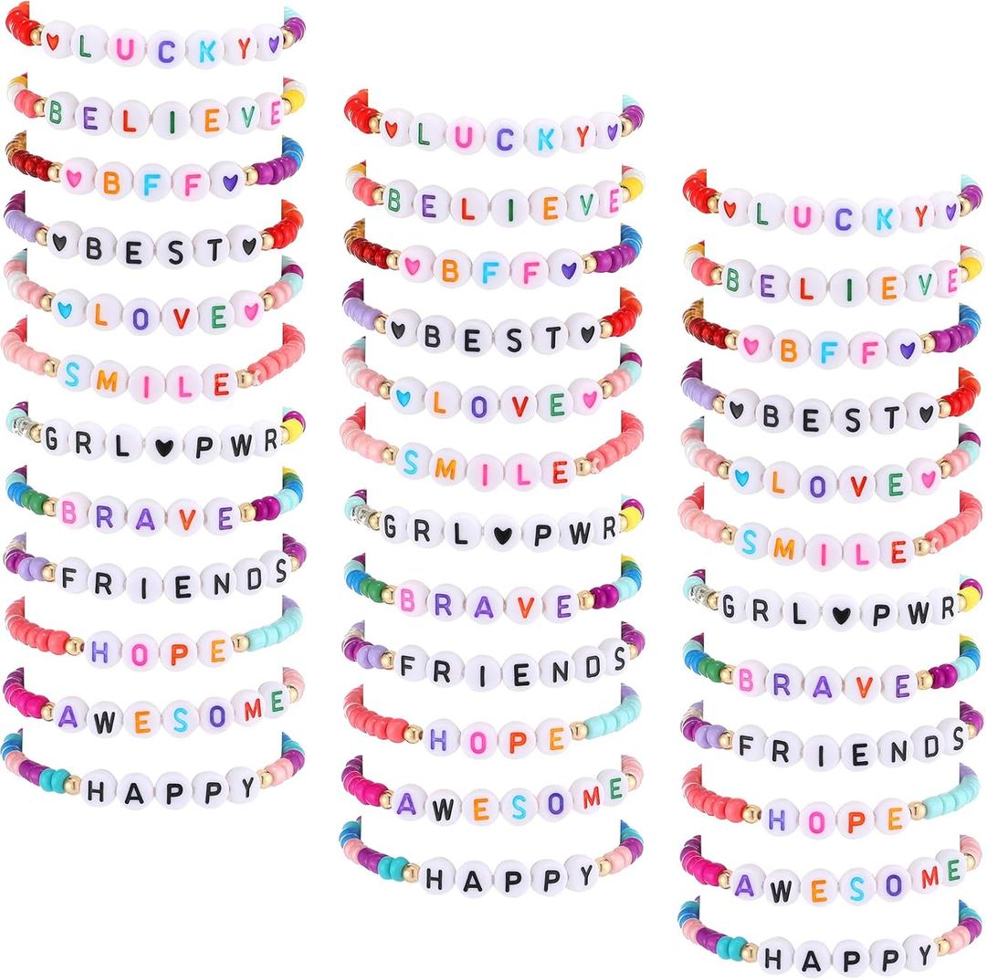 Cunno 36 Pcs Kids Friendship Bracelets for Girls Letter Beads Bracelets Stretchy Cute Bracelet Pretend Play Beaded Bracelets Inspirational Bracelets for Kids