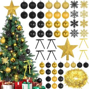 86PCS Black and Gold Christmas Tree Decorations Hanging Ornaments Set, Shatterproof Plastic Christmas Star Tree Topper Xmas Snowflakes Balls Bows with 65.5ft LED String Lights for Xmas Tree Decoration