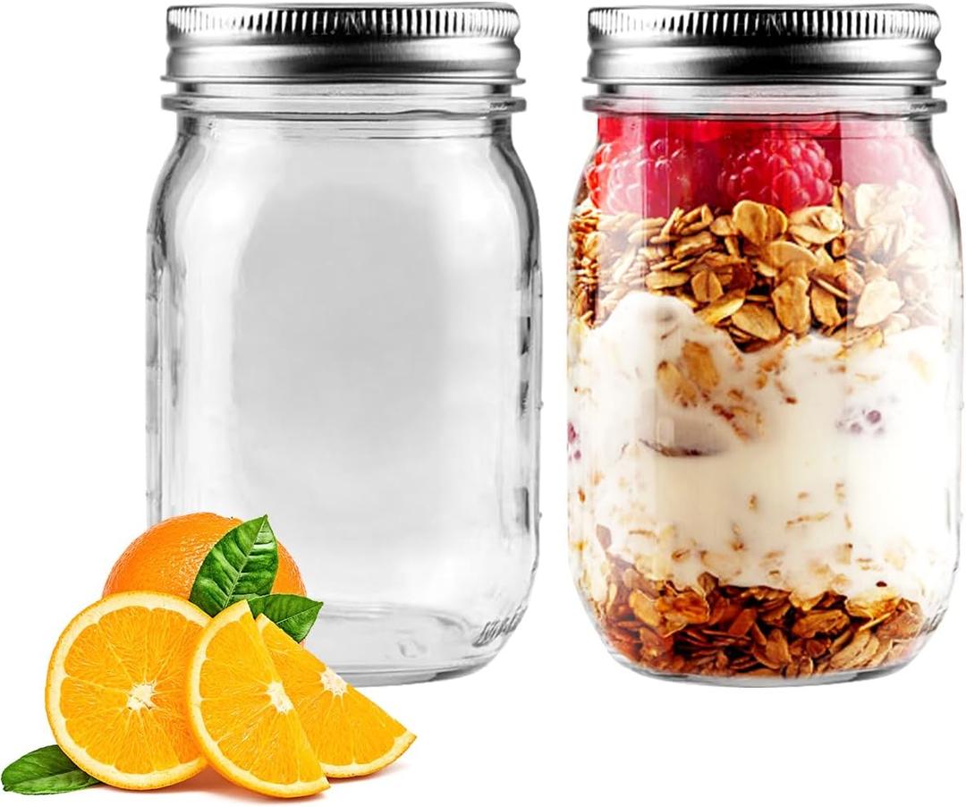 2 Pack Regular Mouth Mason Jars 16oz Glass Canning Jars with Airtight Lids for Preserving, Jam, Honey, Jelly, Wedding Favors, Sauces, Meal Prep, Overnight Oats, Salad