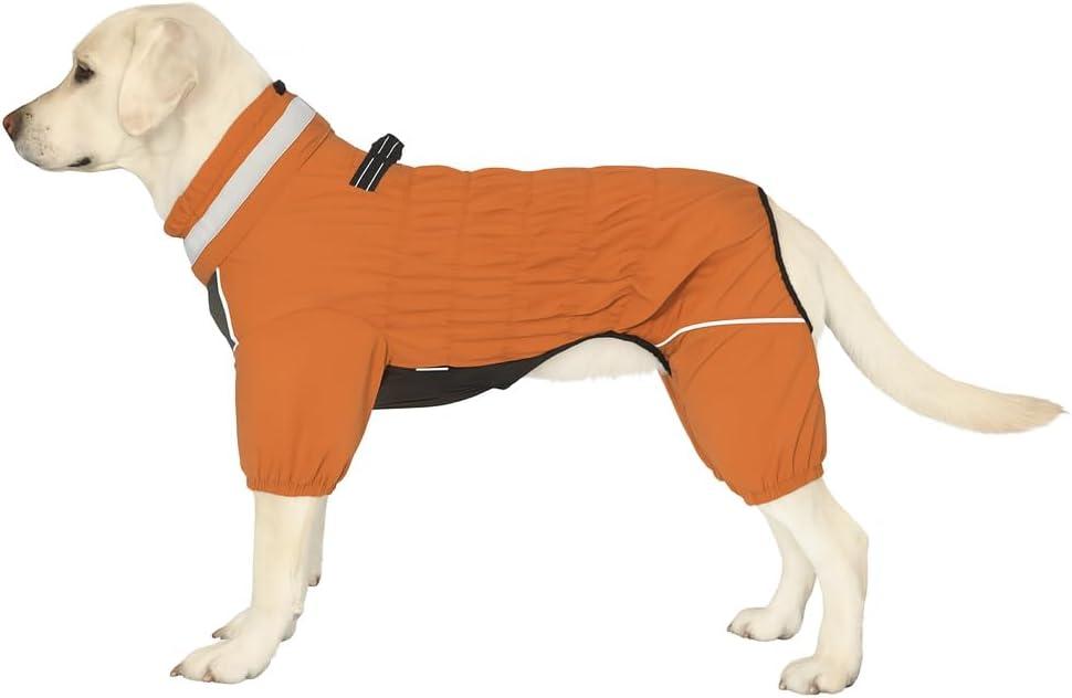Winter Waterproof Dog Snowsuit Full Body Outdoor Jacket with Leash Ring, Fleece Lining, Windproof Reflective 4-Leg Dog Coat for Small to Large Dogs Mustard Yellow 4XL