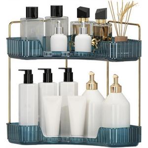 Corner Bathroom Countertop Organizer, Vanity Organizer Trays for Counter, Makeup Organizers, Perfume Tray, Skincare Shelf Storage Gifts for Women Girl Student (Blue, 2 Tiers) (13.6" x 10.1" x 11.6")