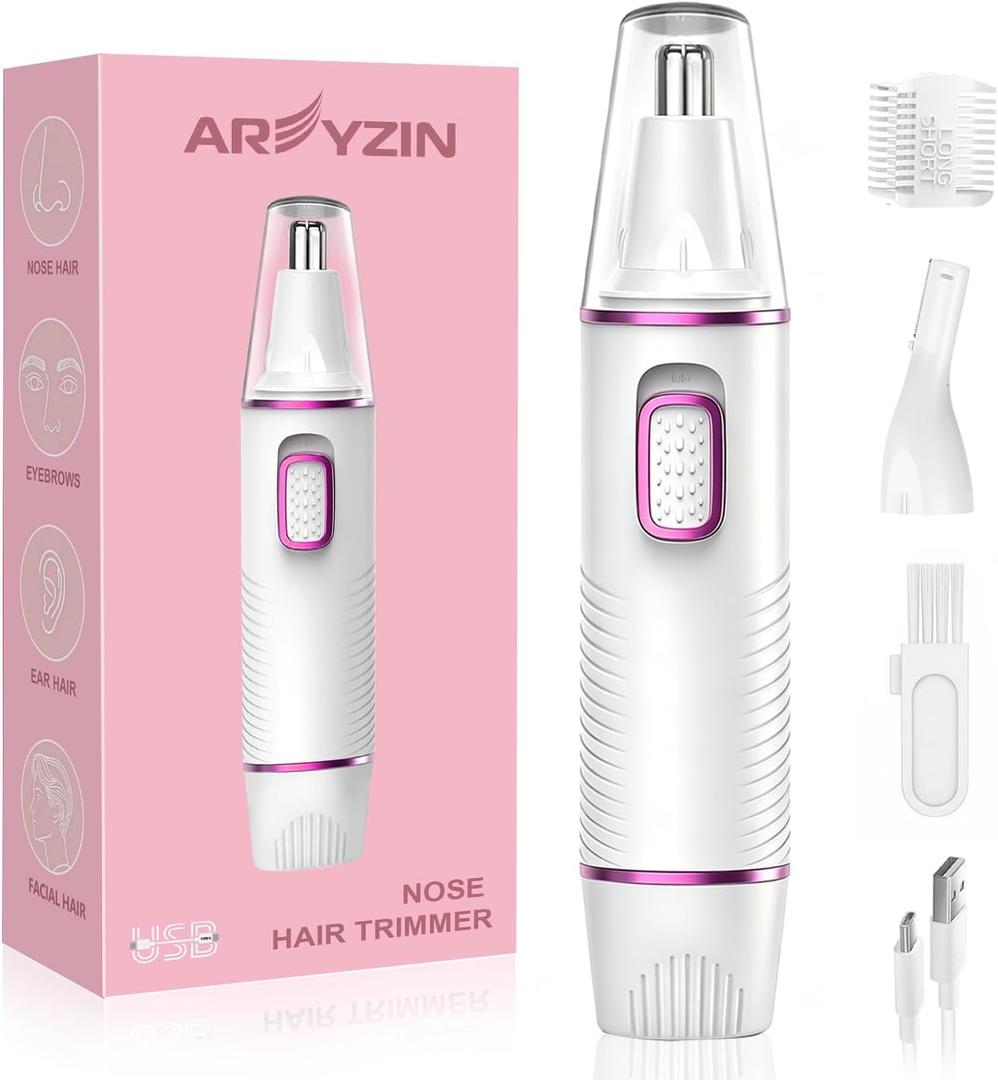 AREYZIN Nose and Ear Hair Trimmer for Women, 2 in 1 Professional Painless Electric Facial and Eyebrow Hair Remover, IPX7 Waterproof, USB Rechargeable, Dual-Edge Blades Portable Nasal Hair Clipper