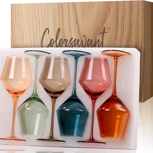 Colorsavant Colored Wine Glasses Set of 6-16OZ Colorful Wine Glass with Stem【HandBlown】 Muted Wine Glasses Colored Set,Wine Gifts for Party,Home Deco