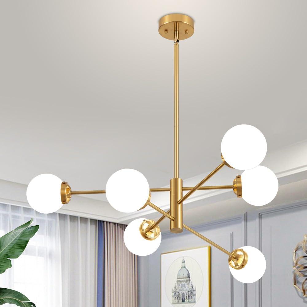Sputnik Chandelier, Gold Modern Chandeliers, Mid Century Ceiling Lighting Fixture 6-Lights with Milk White Glass Shade for Living Room, Kitchen, Bedroom, Dining Room, and Farmhouse