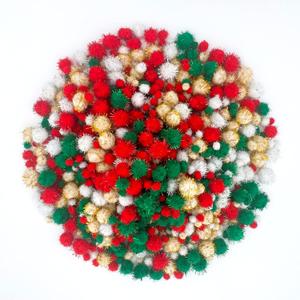 Lusy DM 1500 Pieces Christmas Pom Pom Glitter Pom Pom Balls Christmas Tinsel pom pom for Craft Making and Hobby Supplies (4 Sizes, Gold, White, Red, Green)