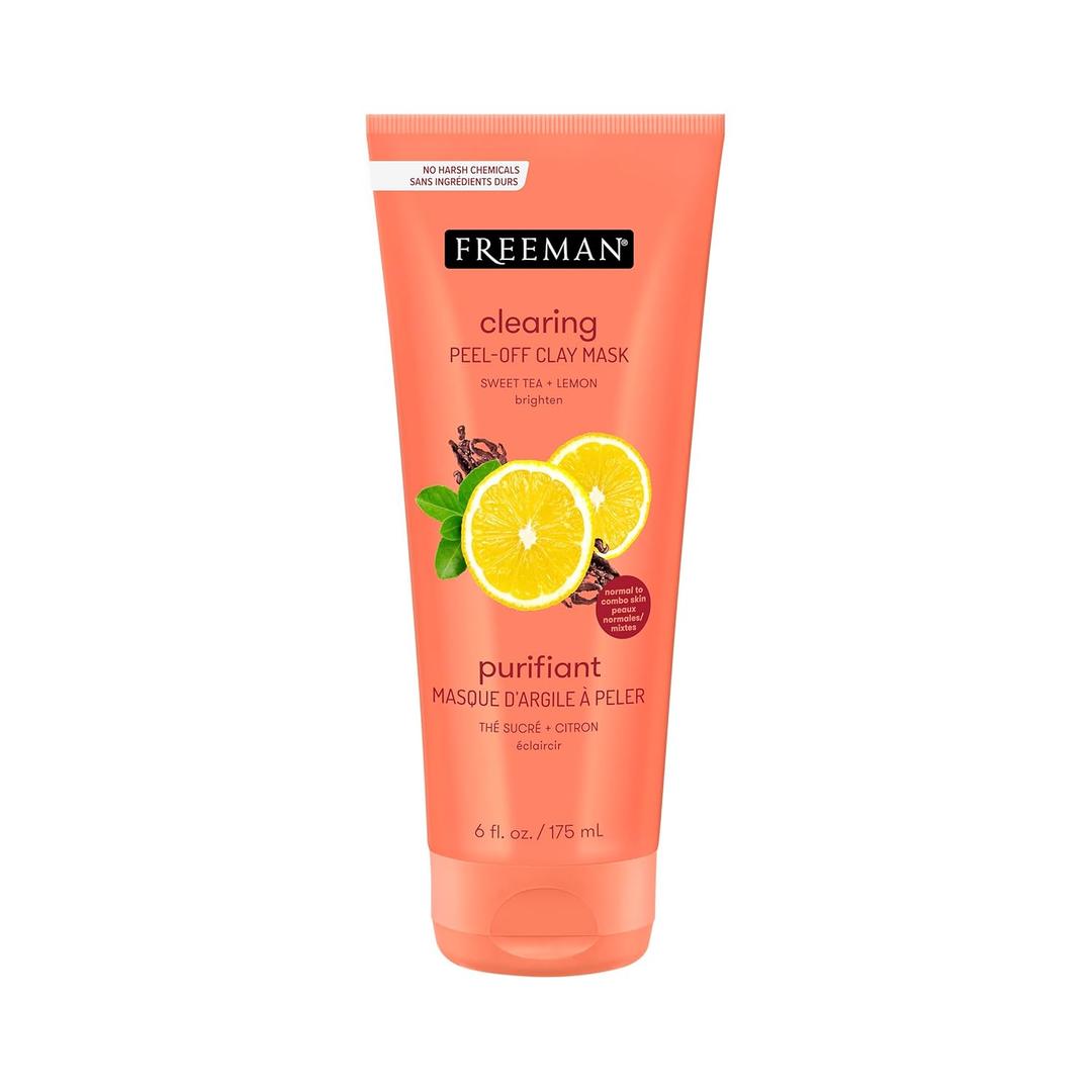 Freeman Clearing Peel-Off Clay Mask, Brightening & Toning Facial Mask, Tea & Lemon Help Even Skin, Antioxidant Rich, Clay Face Mask For Breakouts, Cruelty-Free & Vegan, 6 fl. oz./175 ml Tube, 1 Count