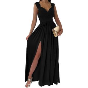 Womens 2025 Formal Dresses Wrap V-Neck Ruched Sexy Bridesmaid Wedding Guest Maxi Dresses (Small, Black)