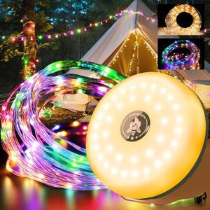 Camping String Lights 32.9FT/10 M Rollable, USB Portable Rechargeable Camping LED String Lights for Hiking Travel AWN Tent Yard Garden Decoration and Holiday Gift-Color