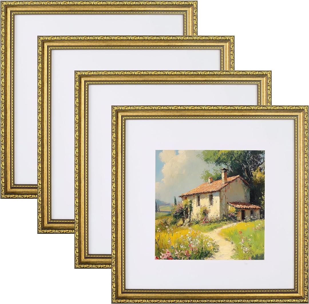 eletecpro 12x12 Picture Frames Set of 4, Vintage Photo Frame with Glass Cover, Gold Frames 12 by 12 Display 8x8 Photo with Mat or 12x12 without Mat for Home Wall Decor, Gold
