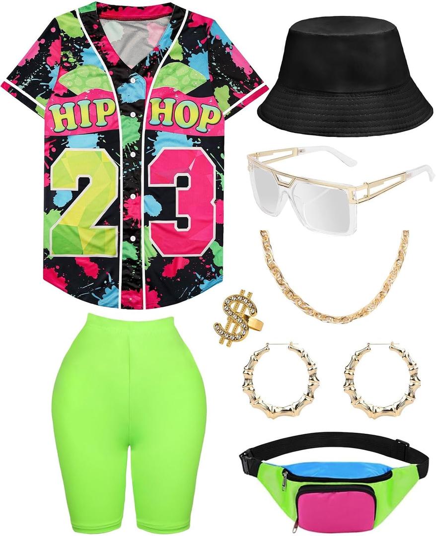 80s 90s Outfit for Women Baseball Jersey Shirt Shorts Fanny Pack Retro Party Costume Repper Accessories, Large 