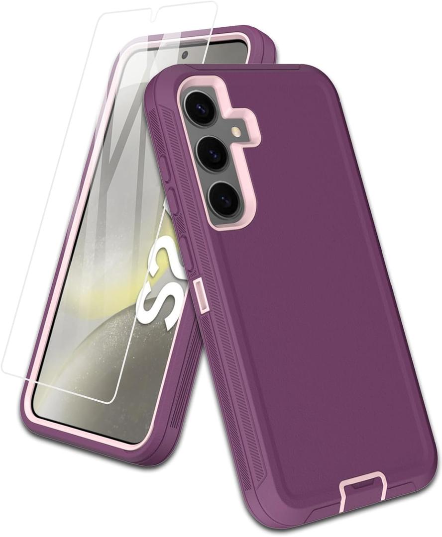 for Samsung Galaxy S24-Plus Case, with Screen Protector, Port Protection, Full-Body Silicone Rubber Covered, 3-Layer Combo Drop-Proof Cover Phone Case for S24 Plus 5G(2024), Pink/Purple
