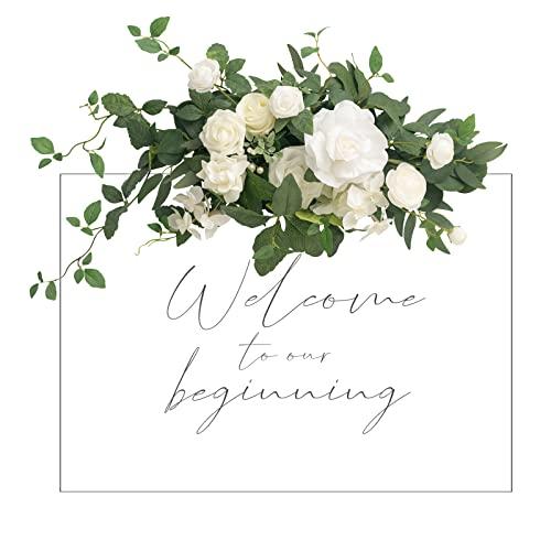 Wedding Floral Swag Welcome Sign Artificial Flowers Backdrop Garland White Sage Green for Ceremony Reception Door Wall Easel Home Decorations Entryway Faux Outdoor Board Head Table Decor